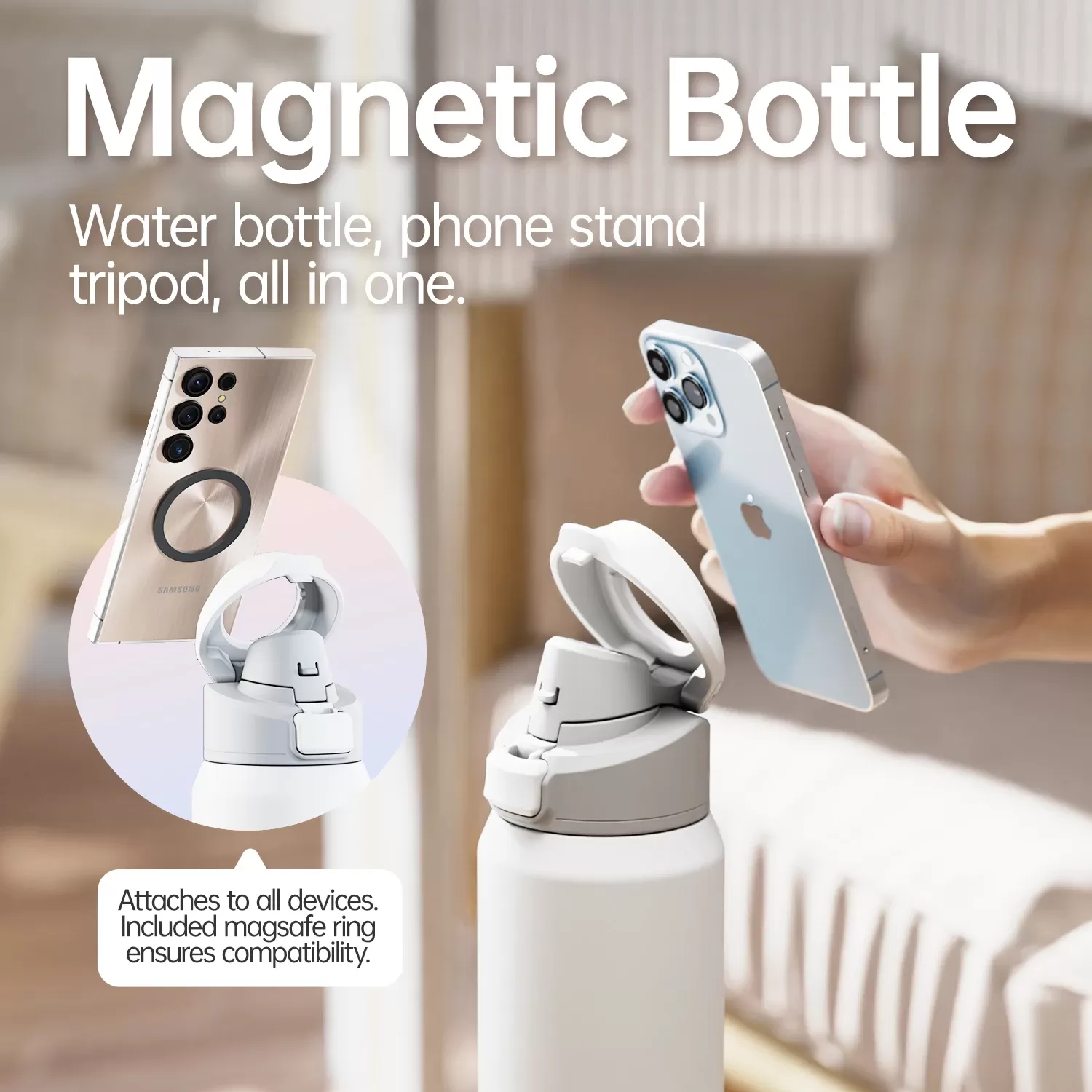 Fjbottle 710/950ml Magnetic Lid Insulated Water Bottle with Phone Mount,  thermal water bottle for Outdoor - תמונה 2