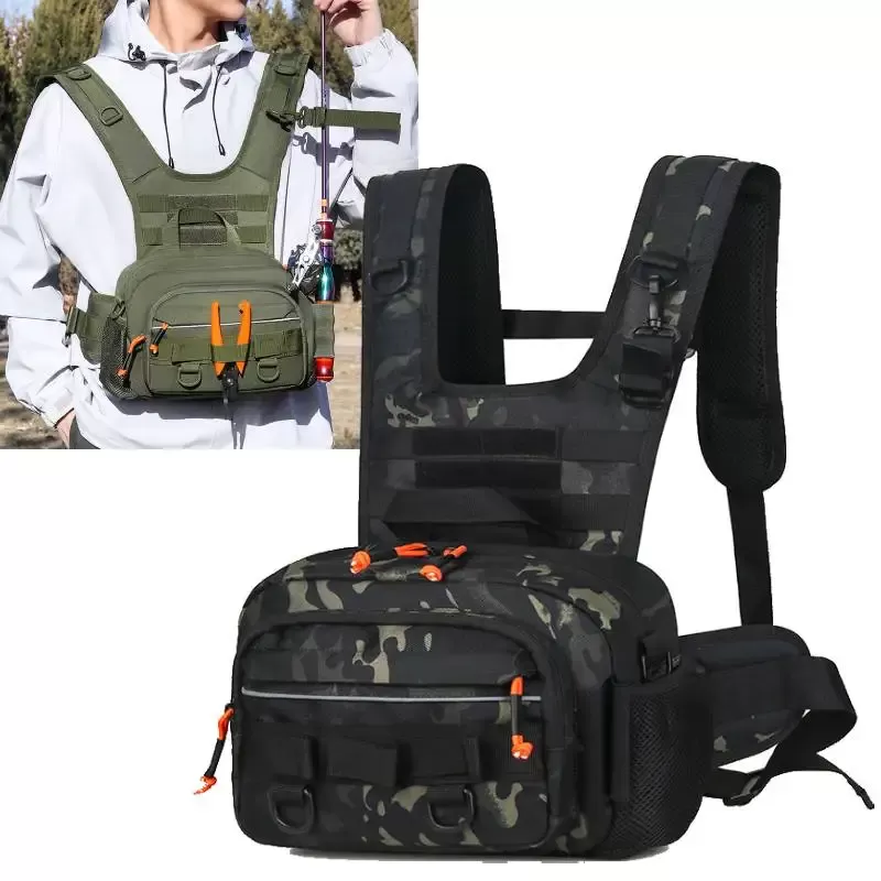 Men Chest Bag Tactical Fishing Backpack with Rod Holders Lure LUYA Vest Gear Storage Pack Molle Outdoor Hiking Funny Pouch - תמונה 2
