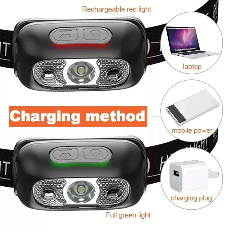 פנס ראש חזק עם חיישן LED נטען USB - תמונה 5