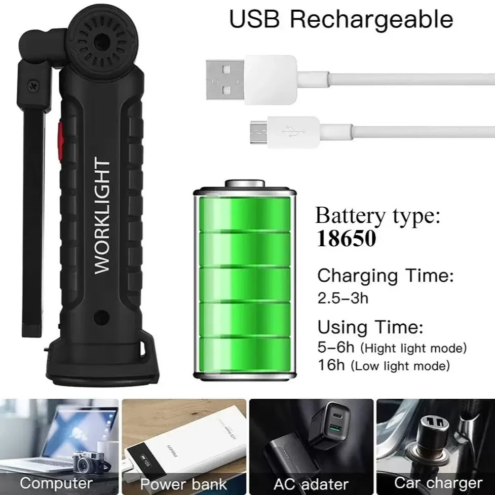 פנס LED נייד עם טעינה USB - אור חזק ונוח - תמונה 4