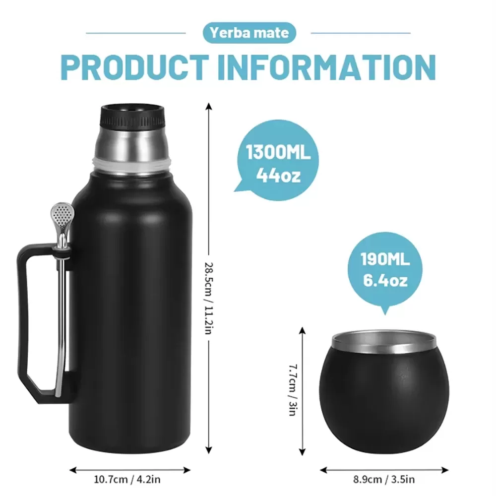 1300ml Insulated Bottle for Yerba Mate, Double-Walled Yerba Mate Thermos w/ Detachable Cup & bombilla Straw Combo Set - Portable - תמונה 2