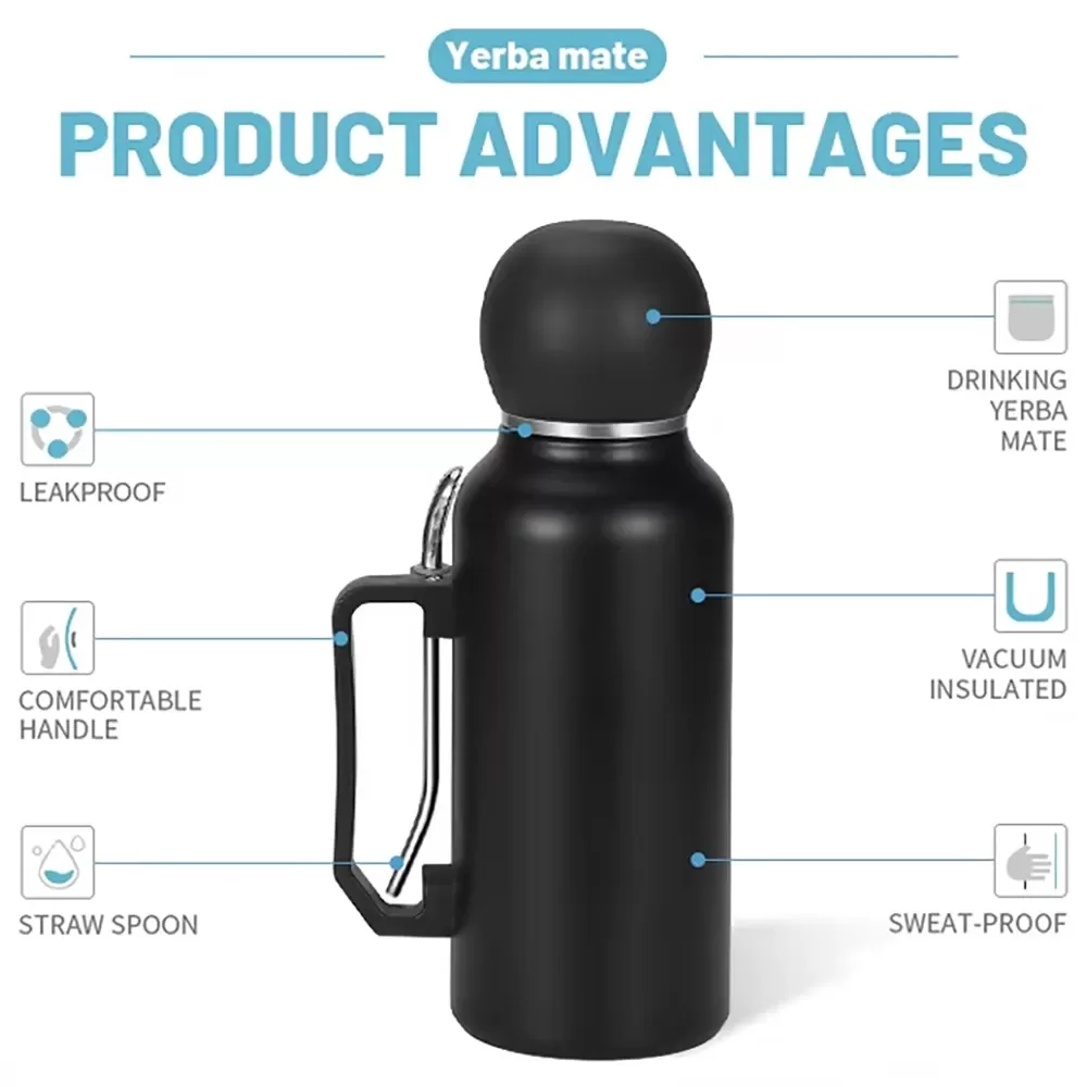 1300ml Insulated Bottle for Yerba Mate, Double-Walled Yerba Mate Thermos w/ Detachable Cup & bombilla Straw Combo Set - Portable - תמונה 3