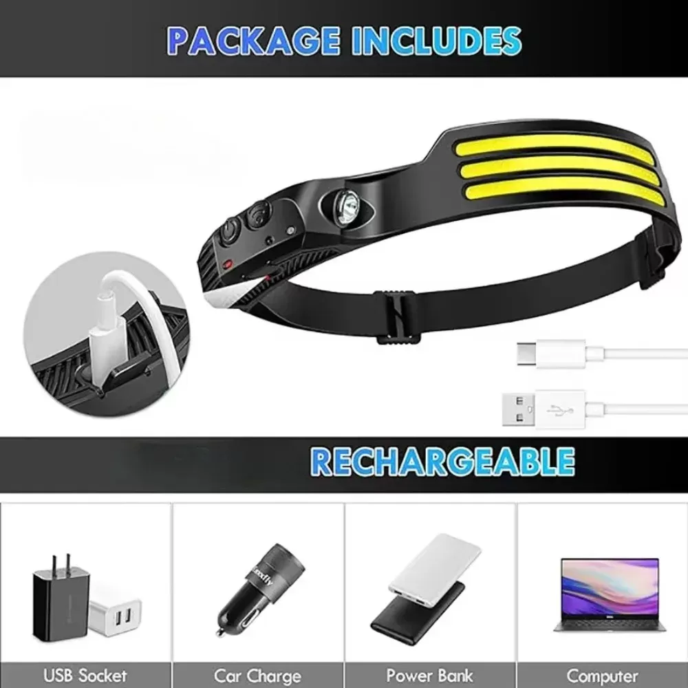 פנס ראש LED אינדוקציה נטען USB - תאורה מושלמת - תמונה 2