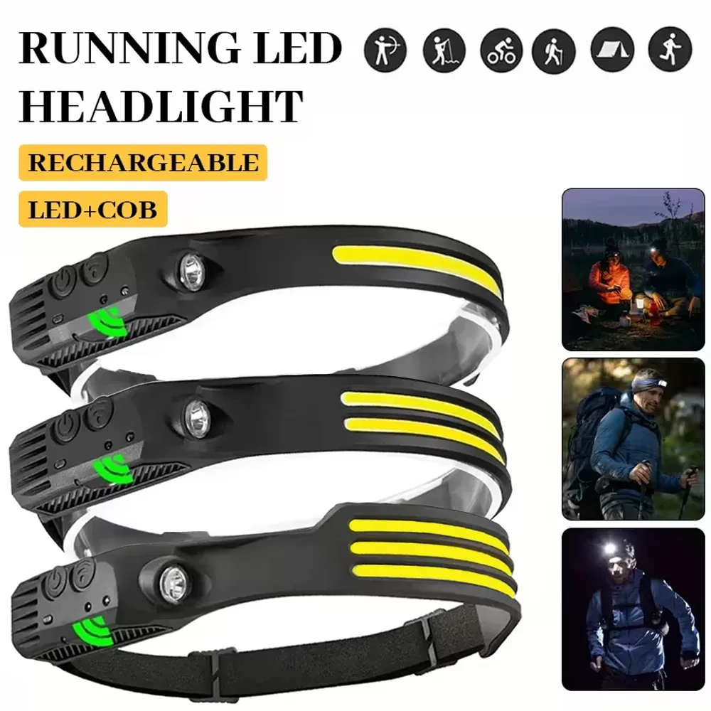 פנס ראש LED אינדוקציה נטען USB עם סוללה פנימית
