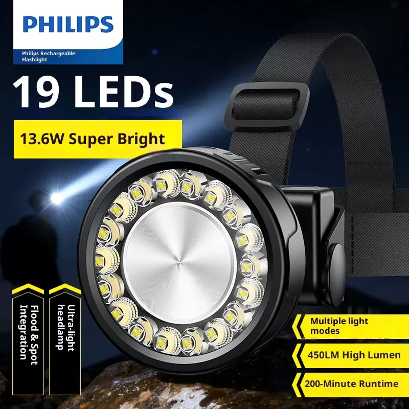 פנס ראש LED פיליפס 19 נורות 450LM נטען Type-C