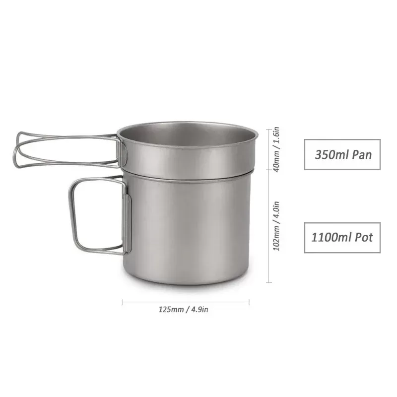 Lixada Ultralight Titanium Cookset Outdoor Camping Cookware Set 900ml/1100ml Pot 350ml Fry Pan with Folding Spork for Camping - תמונה 5