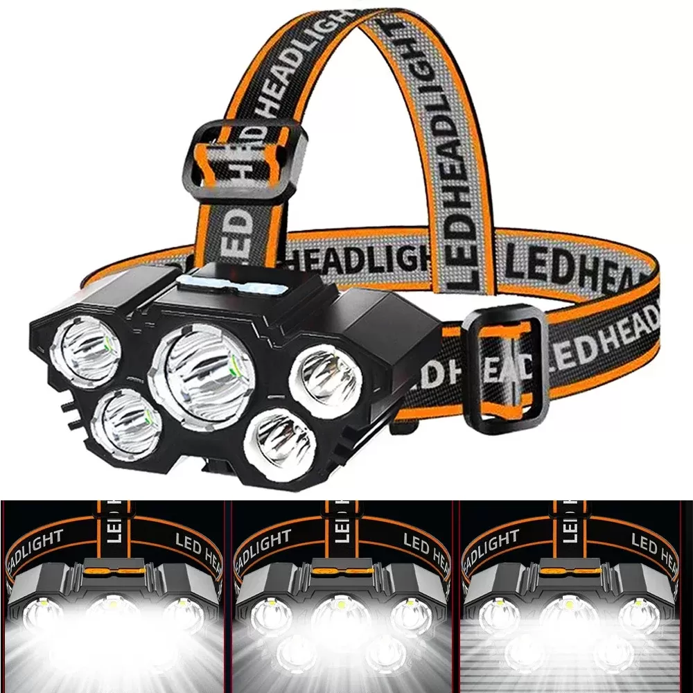 פנס ראש נטען USB עם 5 נורות LED עוצמתיות